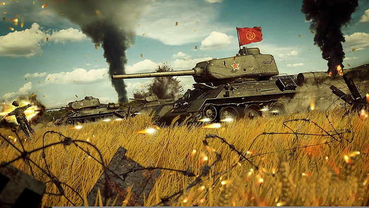 gray military tank digital wallpaper, war, attack, banner, The red army