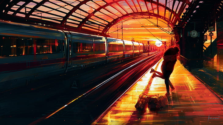 Aenami, women, train station, sunset, painting, artwork