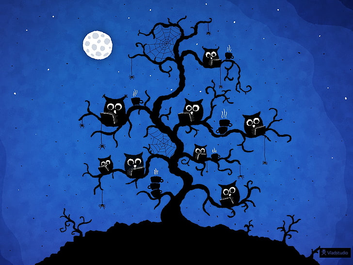 silhouette of bare tree and owls illustration, minimalism, pixel art, HD wallpaper