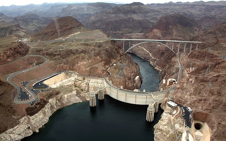 white water dam in mountains, Hoover Dam, architecture, Nevada