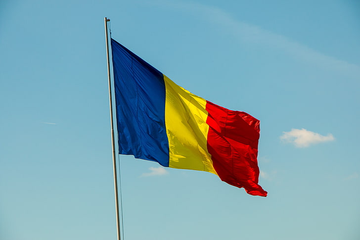 flag, Romania, red, wind, environment, sky, low angle view, HD wallpaper