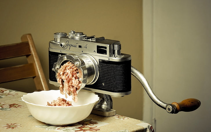 gray and black tabletop camera food grinder, humor, meat, bowls
