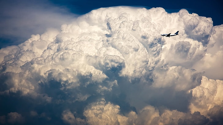 white clouds, sky, airplane, aircraft, flying, cloud - sky, air vehicle, HD wallpaper