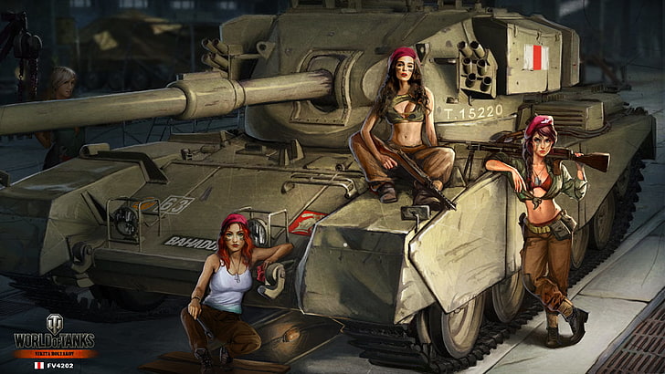 three women and gray battle tank, girls, figure, art, hangar