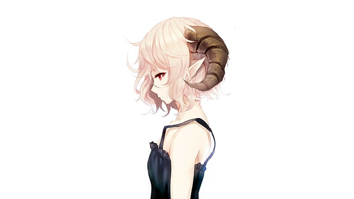 anime girls, horns, white background, pointed ears, red eyes