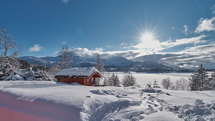 winter, snow, mountains, Norway, the snow, hut, the fjord, Møre and Romsdal