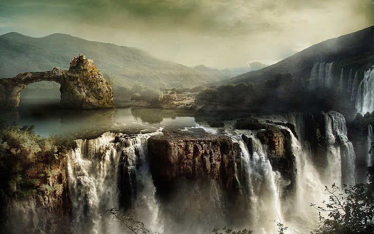 brown waterfalls, nature, landscape, fantasy art, scenics - nature, HD wallpaper
