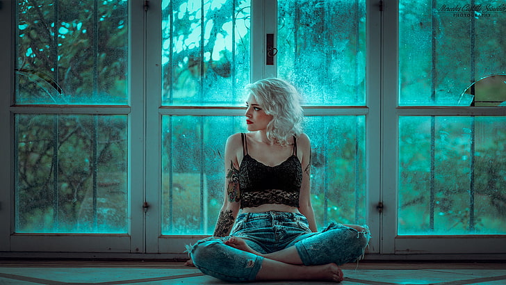 women, platinum blonde, tattoo, indoors, barefoot, window, one person