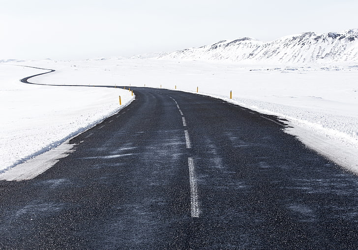 asphalt road, nature, snow, cold temperature, winter, the way forward, HD wallpaper