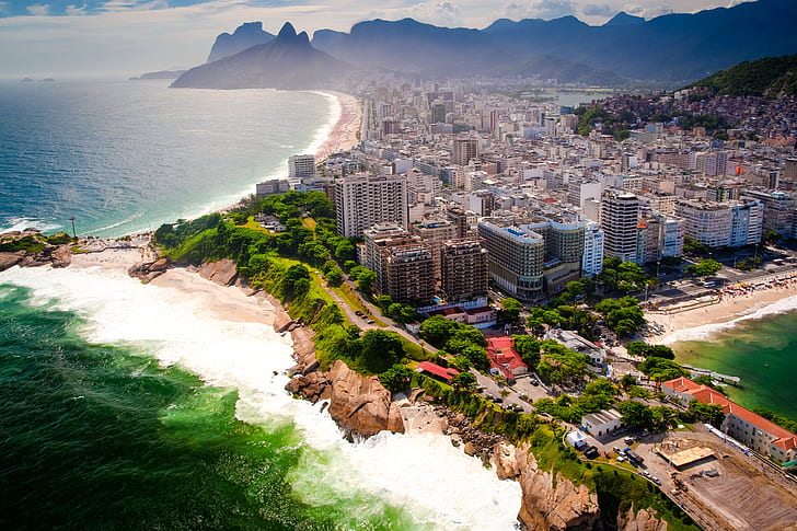 sea, beach, landscape, mountains, coast, beauty, panorama, Brazil, HD wallpaper