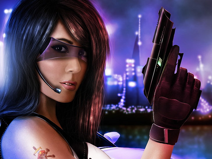 black haired female fictional character holding gun digital wallpaper