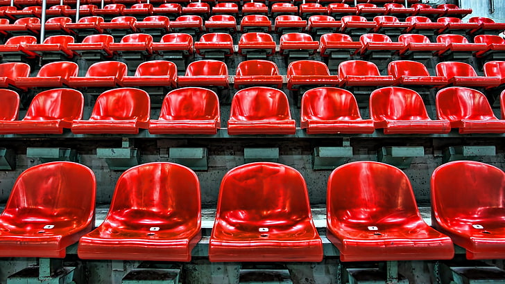 red chair, stadium, seats, spectators, in A Row, bleachers, auditorium, HD wallpaper