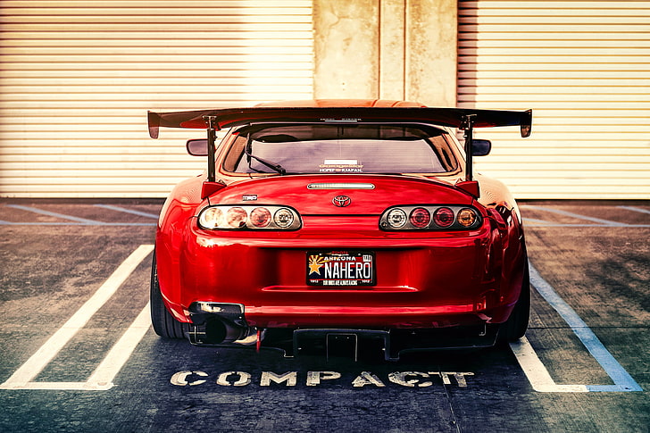 red sport car, tuning, sports car, Toyota, rear view, Supra, mode of transportation