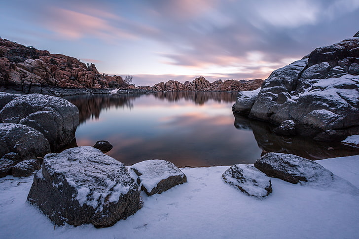 winter, lake, sunrise, morning, Arizona, Prescott, Watson Lake, HD wallpaper