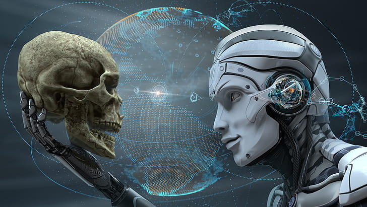 cyborg, skull, futuristic, evolution, robot, tech, human android, HD wallpaper