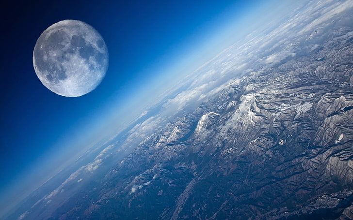 moon and mountains, space, space art, stars, planet, atmosphere, HD wallpaper