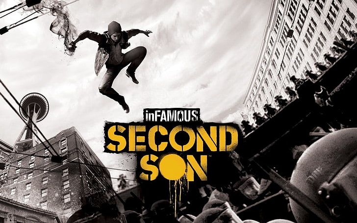 Infamous: Second Son, text, low angle view, western script