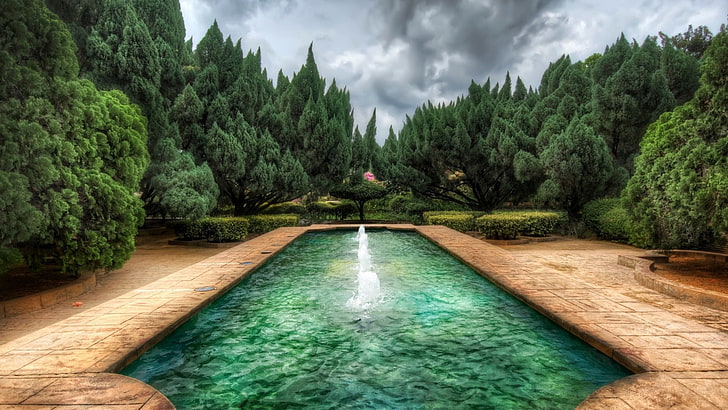 garden, HDR, fountain, trees, Bushes, water, plant, cloud - sky