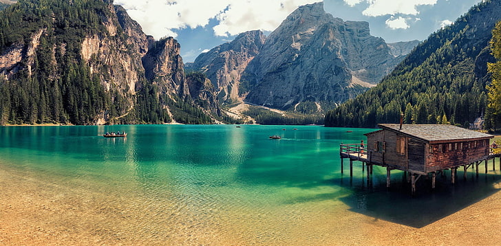 brown house, water, lake, mountains, South Tyrol, nature, landscape, HD wallpaper