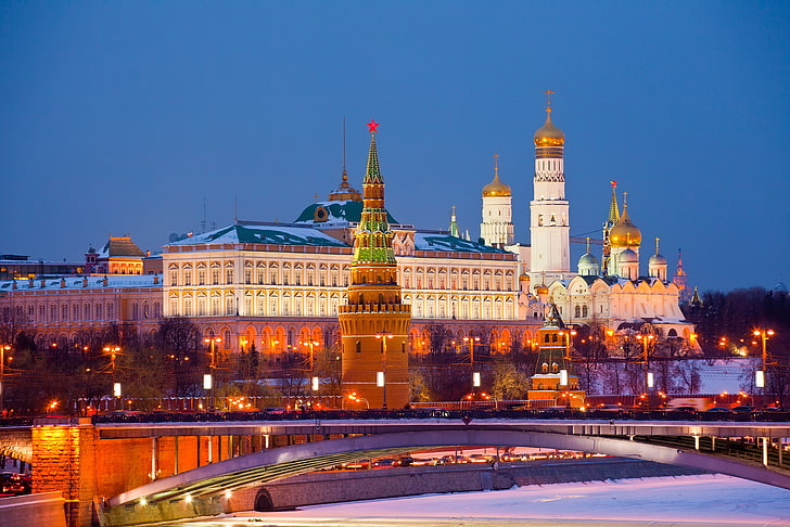 beige and brown building, city, Moscow, The Kremlin, Russia, night