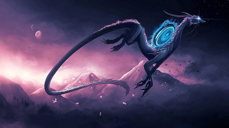 dragon, sky, mythical creature, darkness, cool, purple, artwork, HD wallpaper