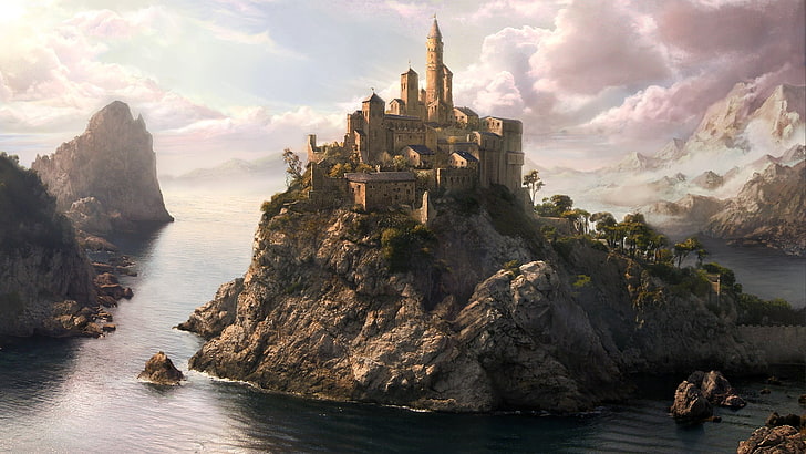 Castle on rock formation, fantasy art, digital art, render, water, HD wallpaper