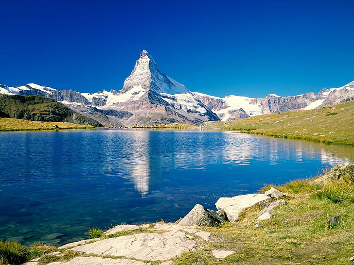 Blue lake and mountain scenery, HD wallpaper