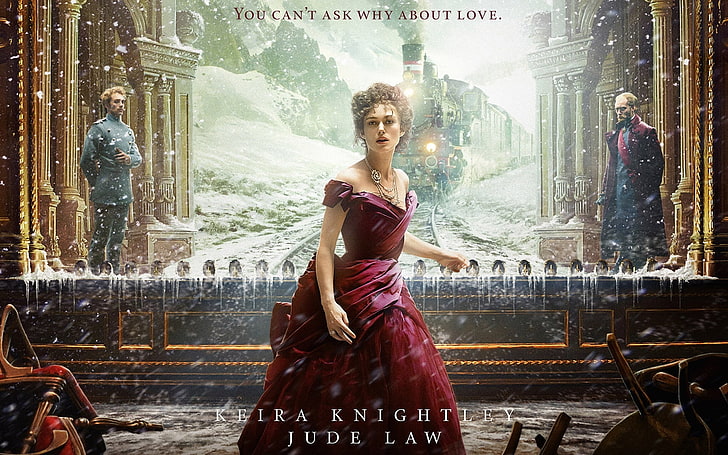 Keira Knightley Jude Law digital wallpaper, snow, the film, train, HD wallpaper