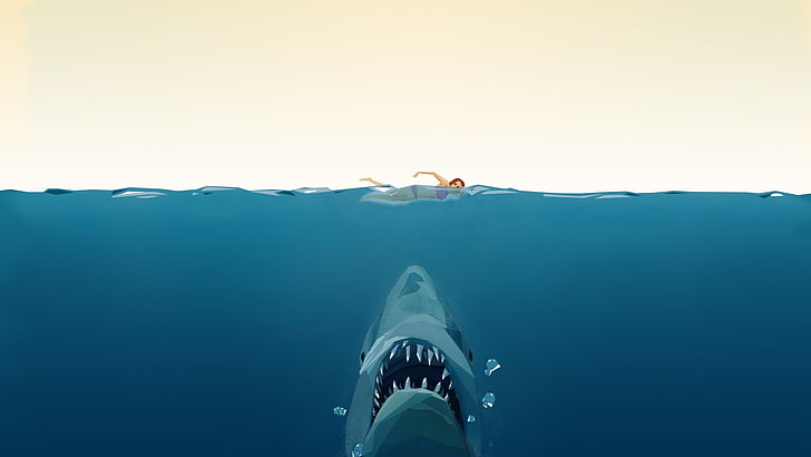 gray shark in underwater illustration, low poly, Jaws, swimming
