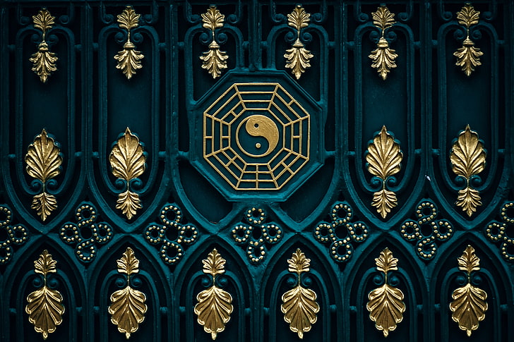 brass-colored and black ying yang digital wallpaper, yin yang