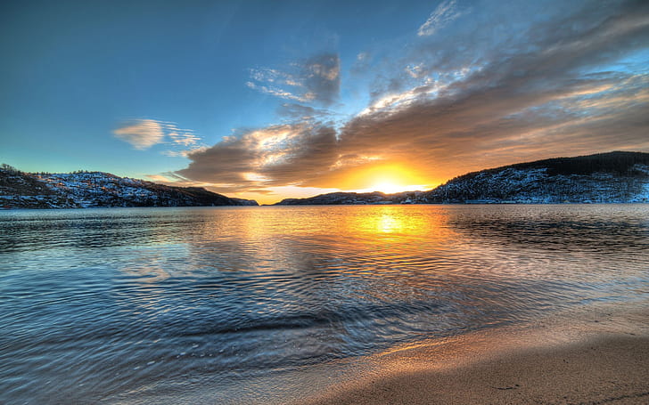 Norway scenery, lake, sunset, mountains, HD wallpaper