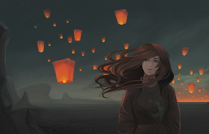 light lanterns illustration, artwork, windy, sky lanterns, desert, HD wallpaper