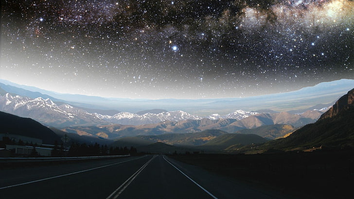 black asphalt road, mountains, valley, nebula, mountain range, HD wallpaper