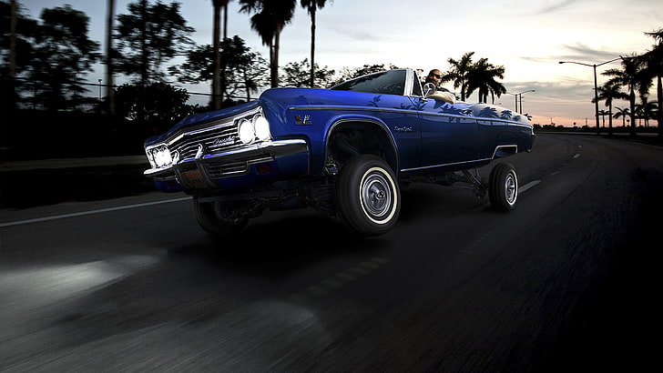 blue muscle car, sunset, palm trees, convertible, impala, lowrider, HD wallpaper