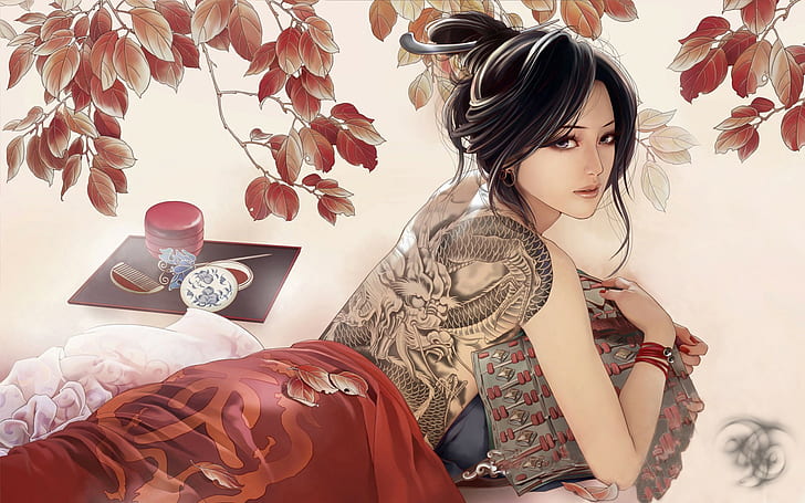 tattoo, artwork, fantasy girl, Zhang Xiao Bai, Asian, looking back, HD wallpaper