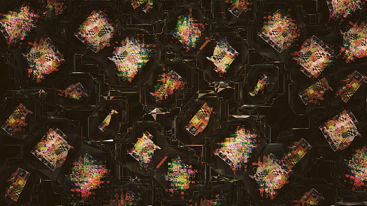 black and yellow floral textile, glitch art, abstract, full frame