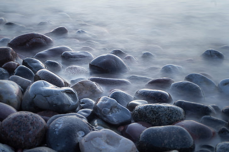 close up photo of pebbles, Ostsee, time  exposure, water, rock - Object, HD wallpaper
