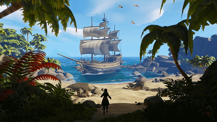 brown ship on shore illustration, video games, pirates, Sea of Thieves