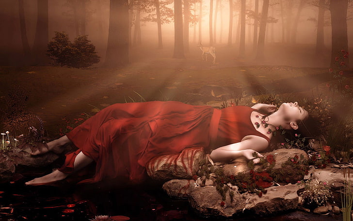 fantasy art, closed eyes, death, fantasy girl, forest, one person