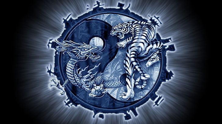 Yin and Yang with Tiger and Dragon illustration, blue, close-up