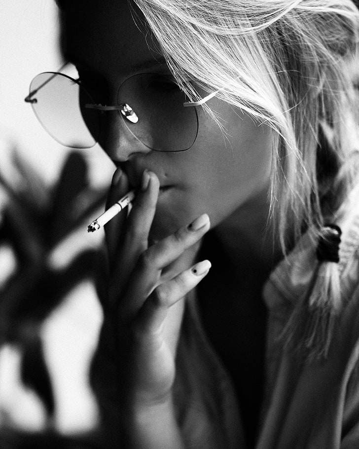 smoking, monochrome, women, model, Aleksey Trifonov, women with glasses