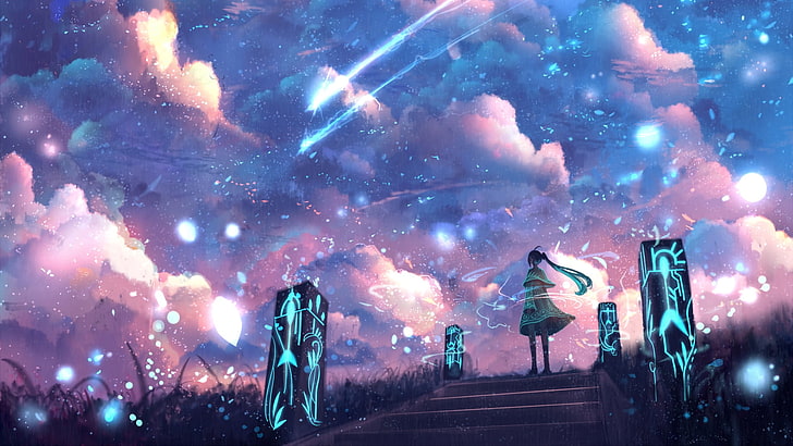 anime girls, Hatsune Miku, Vocaloid, night, illuminated, sky, HD wallpaper