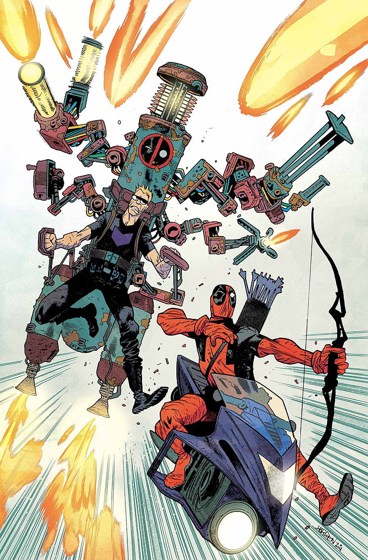 Deadpool illustration, Marvel Comics, Hawkeye, indoors, multi colored