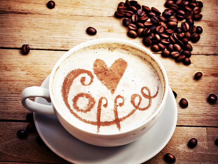 Cappuccino, coffee, beans, love hearts, HD wallpaper