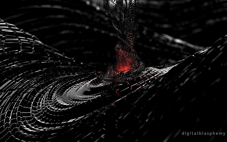 black and red digital blasphemy, close-up, spider web, no people