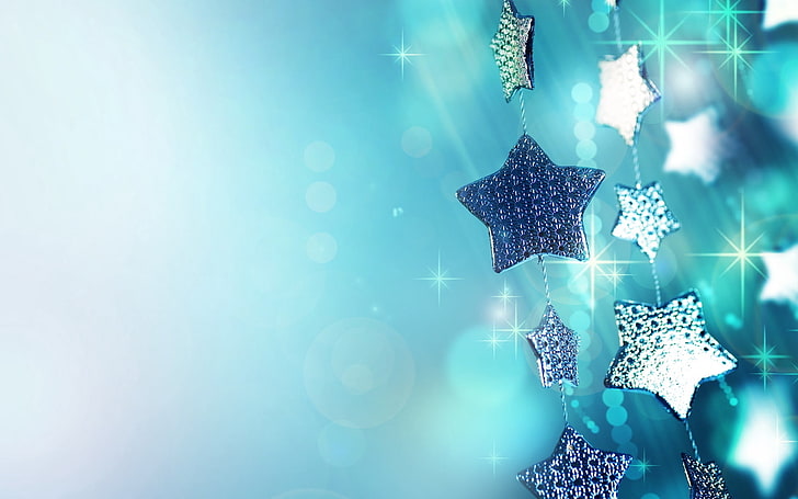 silver star hanging decors, glitter, garland, blue, christmas ornaments, HD wallpaper