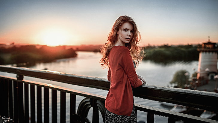 women, redhead, sweater, open sweater, dress, bridge, depth of field, HD wallpaper