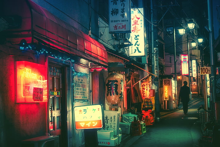 kanji text signage, Japan, night, town, city, Masashi Wakui, illuminated