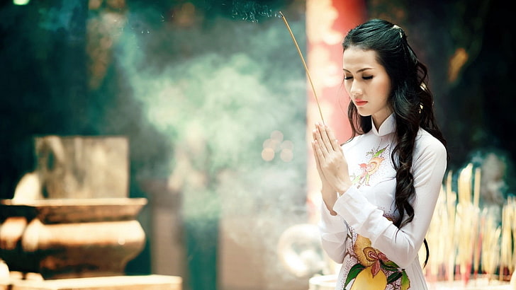 women's white long-sleeved shirt, girl, pray, asian, kimono, aroma, HD wallpaper