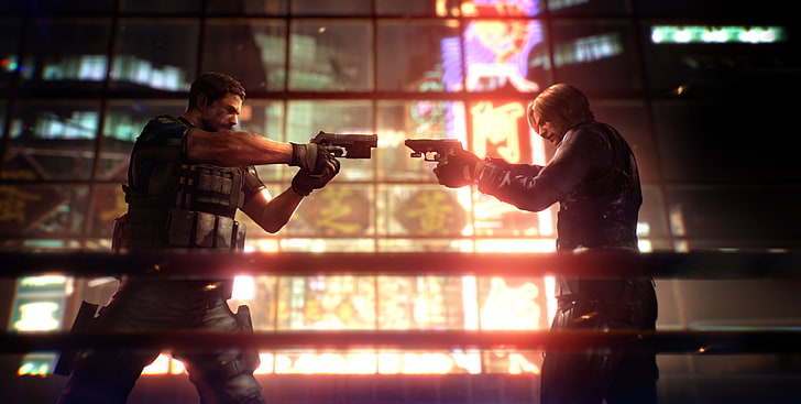 game application poster, weapons, gun, Leon, Chris, Resident Evil 6